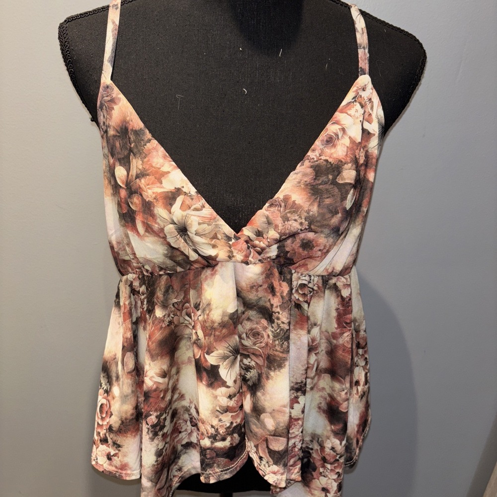 Sweet Lilac Brown/Pink Floral‎ Babydoll Crop Top Spaghetti Straps Dark Fairy SzL
